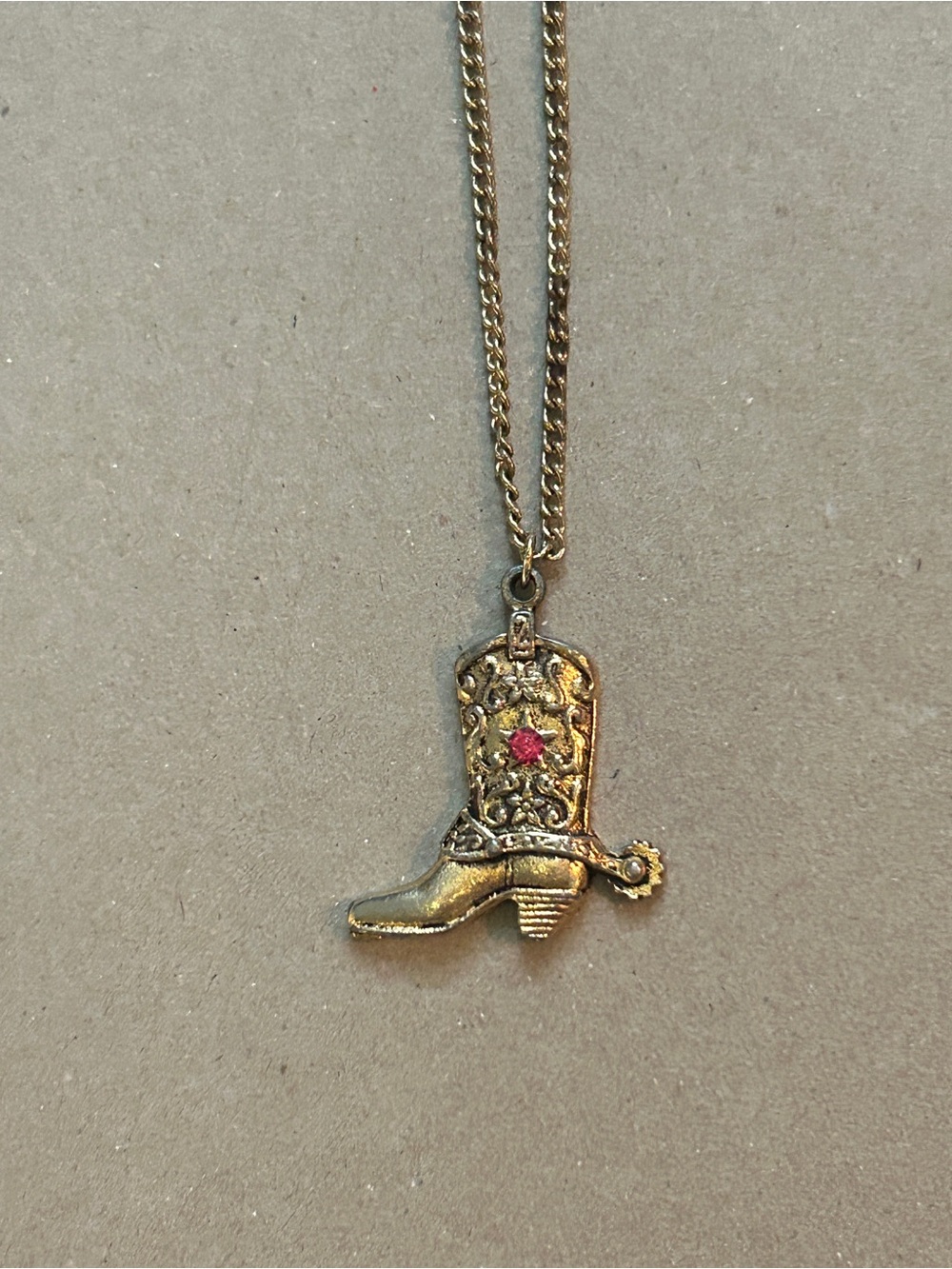 Gold Cowboy Boot Pendant Necklace with Red Accent